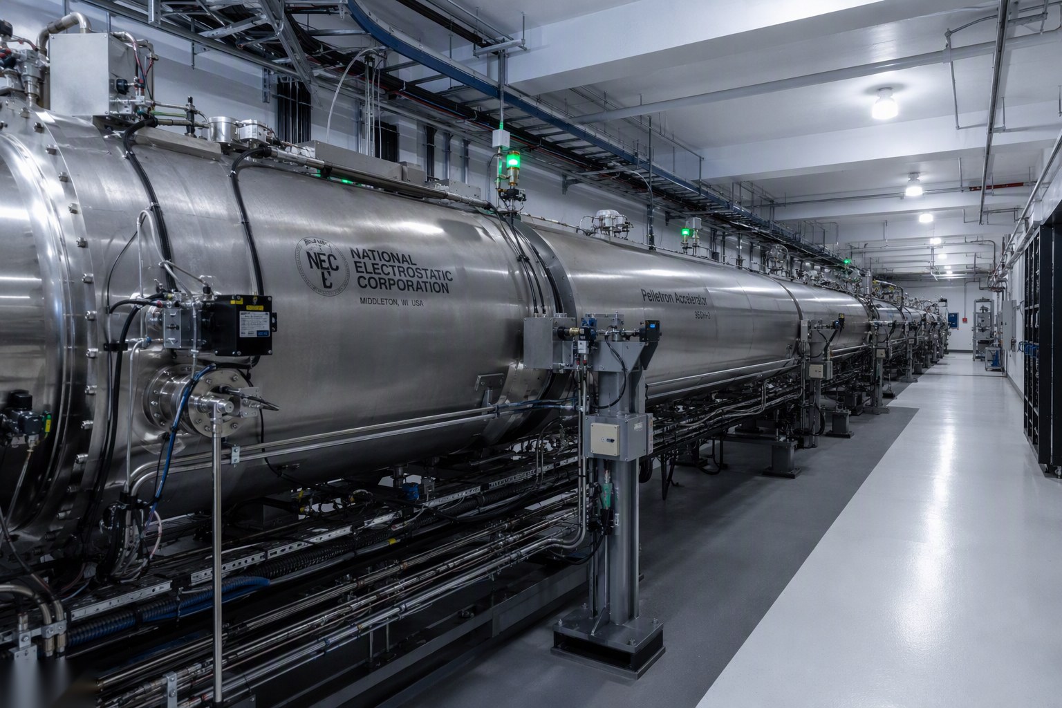 Interior of an accelerator mass spectrometry facility showing the long beamline accelerator tank