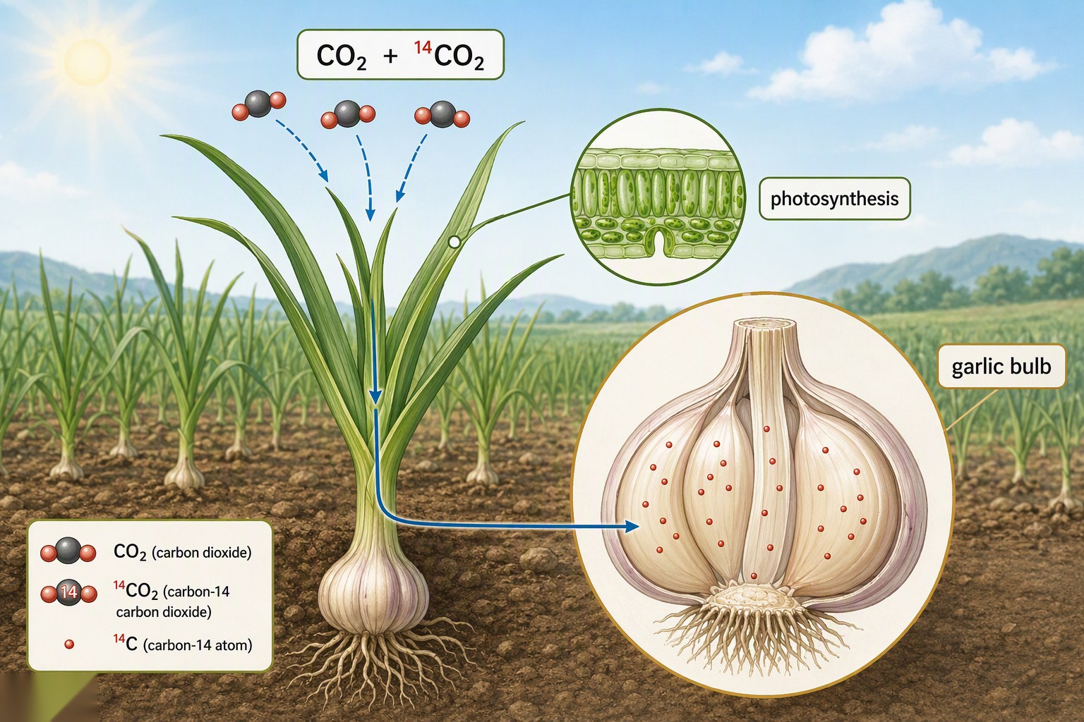 Diagram showing atmospheric carbon dioxide including 14CO2 being absorbed by garlic plants through photosynthesis and stored in the bulb