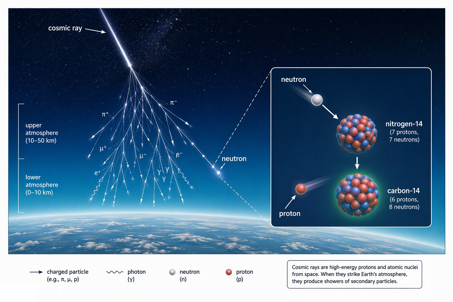 Diagram of a cosmic ray proton producing an air shower in the upper atmosphere, where a neutron converts a nitrogen-14 nucleus into carbon-14