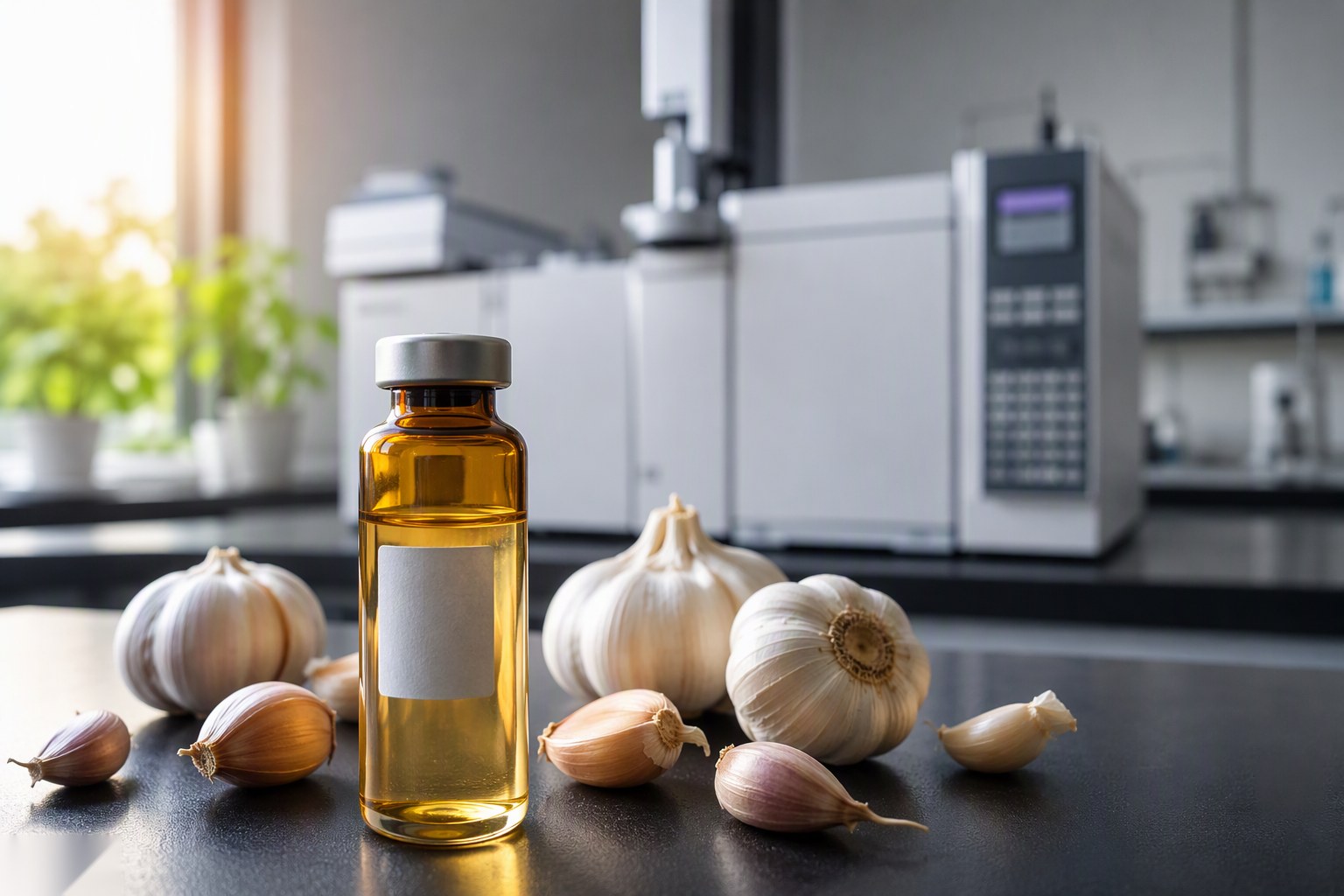 Amber glass vial of golden garlic oil beside fresh garlic bulbs on a laboratory bench with chromatography equipment behind