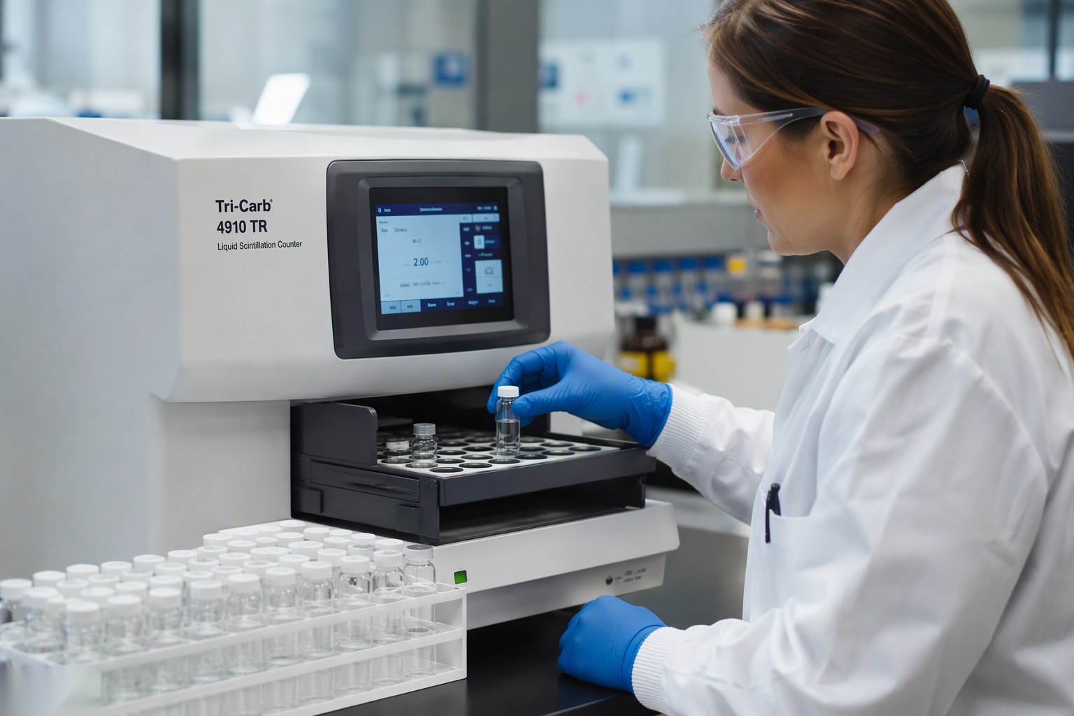 Laboratory technician loading glass scintillation vials into a liquid scintillation counter