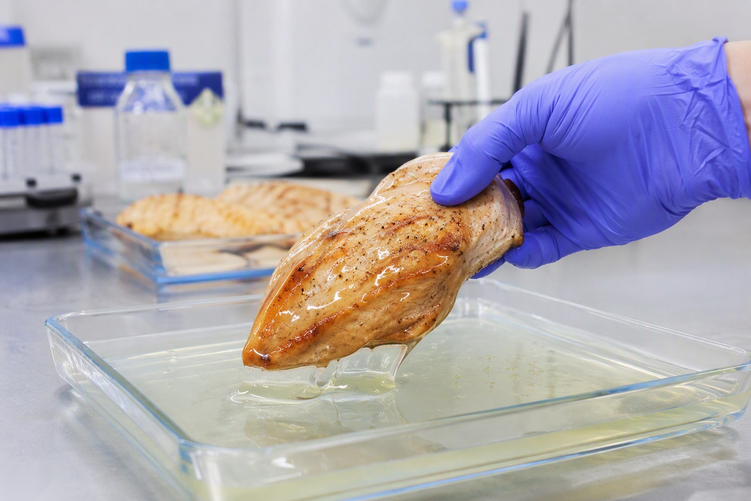 Gloved hand dipping cooked chicken into a tray of clear edible hydrogel coating solution