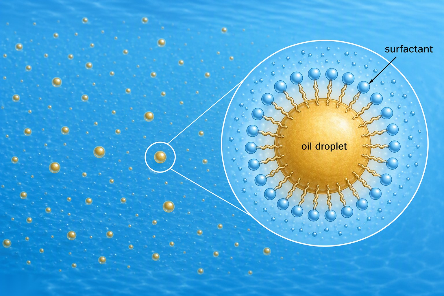 Diagram of an oil-in-water nanoemulsion showing a golden oil droplet surrounded by a surfactant corona in water