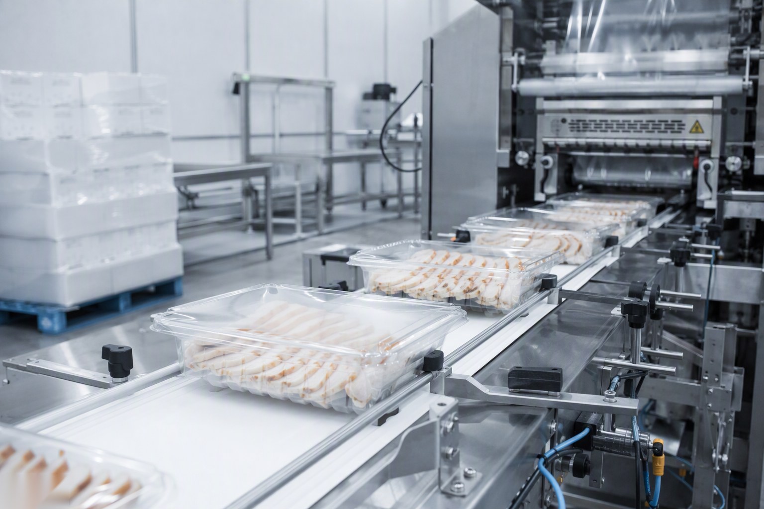 Sealed trays of ready-to-eat chicken rolls moving along a conveyor toward packaging in a refrigerated food factory