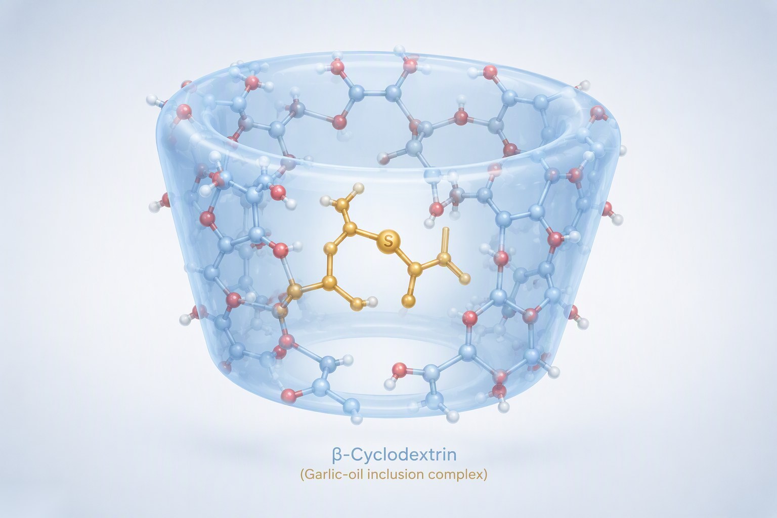 3D render of a bucket-shaped beta-cyclodextrin molecule holding a garlic oil molecule inside its cavity