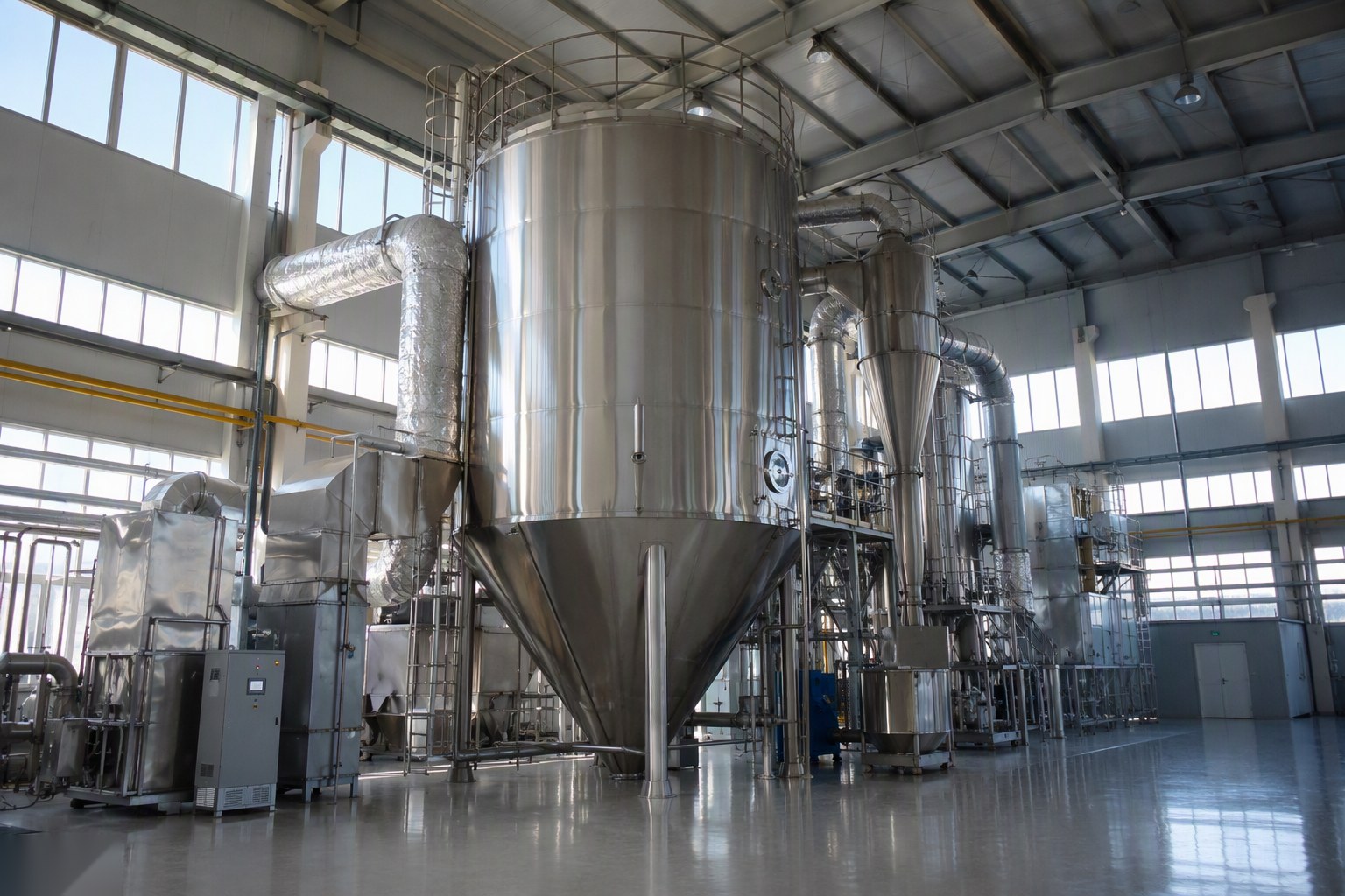 Stainless steel spray drying tower inside a food ingredient factory